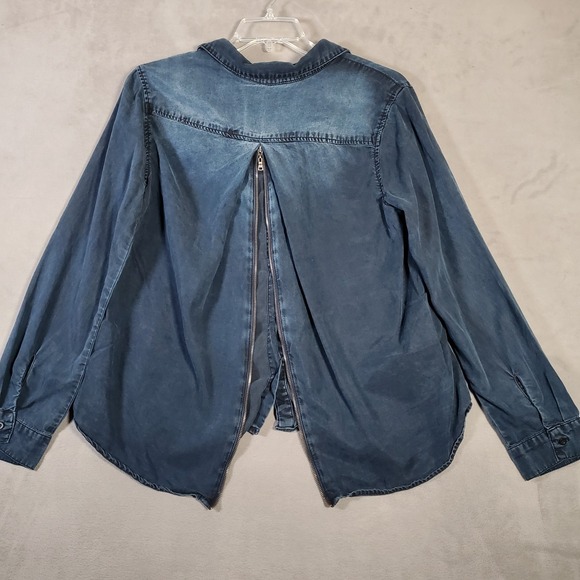 Bella Dahl Top Womens L Blue Chambray Button Up Zip Back Tencel Long Sleeve Boho - Picture 4 of 9